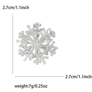 Detailed view showing 2.7cm size and 7g weight of rotating snowflake brooch with pearls