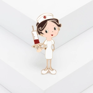Cartoon enamel nurse brooch with syringe made of gold alloy for medical professionals