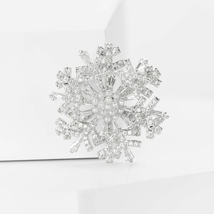 Detailed macro of the rotatable silver snowflake brooch with zircons and pearls
