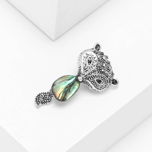 Vintage silver fox brooch with abalone shell inlay and dark grey pavé crystals