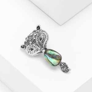 Vintage style fox brooch with abalone shell inlay and marcasite stones in silver finish
