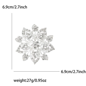 Silver flower brooch with sparkling rhinestones, 6.9cm size for elegant women suits