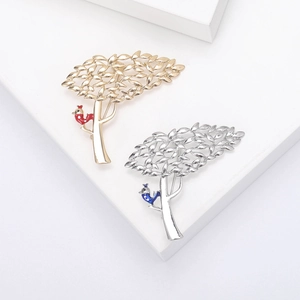 Broche Arbre et Oiseau en Alliage de Luxe Mode Plaqué Or Argent Emaille Goutte d'Huile Pin pour Costume Chapeau Bijoux