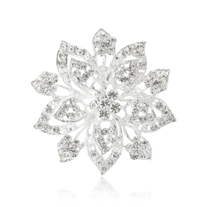 Sparkling rhinestone flower brooch for women's suit with silver alloy petals and clear crystals