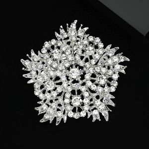 Macro shot of silver rhinestone flower brooch with sparkling snowflake star patterns