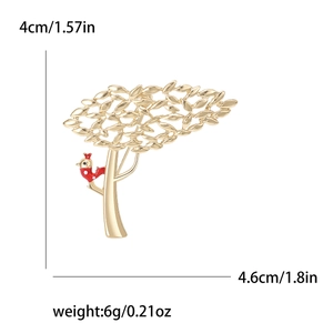 Broche arbre doré et oiseau rouge avec dimensions et poids sur fond blanc neutre