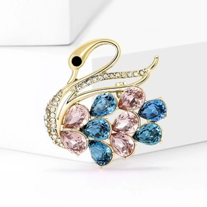 Luxury gold plated crystal swan brooch with multicolor zircons and water drop gemstones