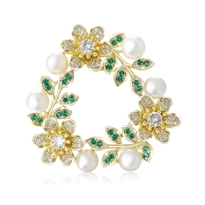 Élégante Broche Couronne de Fleurs en Cuivre Zircone Künstliche Perle Blanche Plaquée Or Épingle de Revers pour Femmes Bijoux de Mariage