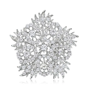 Elegant silver alloy flower brooch with sparkling crystals on a white background