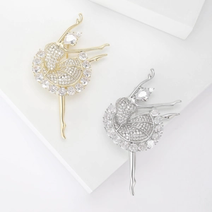 Élégante Broche en Cuivre Fille de Ballet Avec Zirconia Incrusté Or Argent Électroplaqué Épingles Danseuse pour Femme Pull Manteau Accessoires