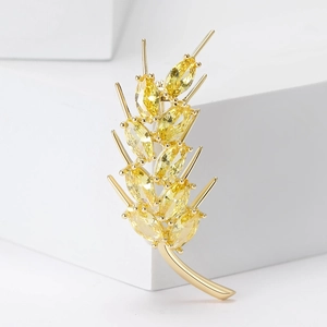 Elegant Wheat Ear Brooch For Women Gold Plated Copper Pin With Yellow Marquise Zirconia Fashion Jewelry Anti-Exposure Buckle