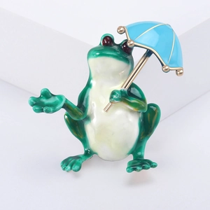 Broche grenouille en émail vert avec parapluie bleu pour tenues de mode féminines chic