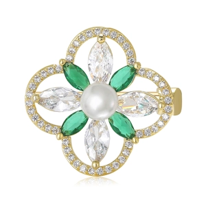 Kupfer Zirkonia Vierblättriges Kleeblatt Brosche Für Damen Gold Vergoldet Blumen Anstecknadel Mit Künstlicher Künstliche Perle Grüner Stein