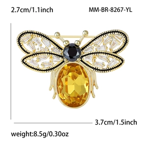 Broche abeille de luxe avec pierre jaune et cristaux blancs incluant les dimensions