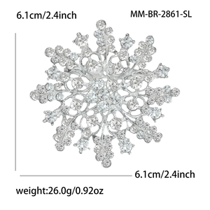 Detailed view of rhinestone flower brooch showing 6.1cm size and 26.0g weight specs