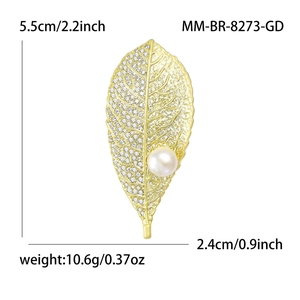 Elegant gold leaf brooch with cubic zirconia and freshwater pearl dimensions shown