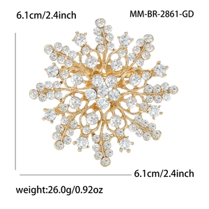 Detailed size chart for rhinestone flower brooch showing dimensions of 6.1cm and 26.0g weight