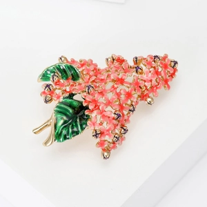 Exquisite coral pink hydrangea flower brooch with green leaves and gold plating