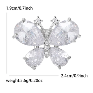 Elegant mini butterfly brooch with silver metal frame and clear sparkling zircon stones
