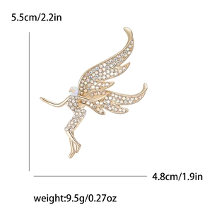 Sparkling gold fairy brooch pin with white zircons for women, 5.5cm elegant angel wing jewelry