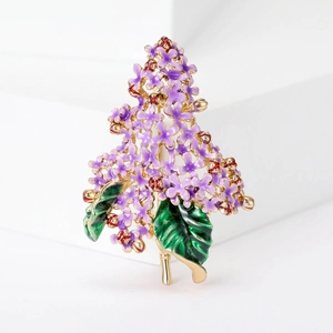 Elegant purple hydrangea flower brooch with gold plating and enamel leaves on white background