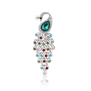 Elegant peacock brooch with colorful rhinestones and green teardrop stone on silver base