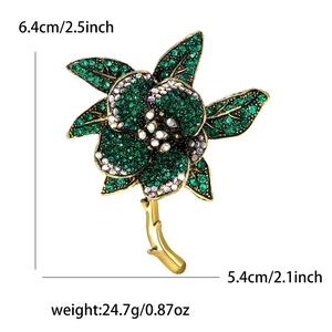 Elegant green crystal flower brooch in gold alloy finish with dimensions and weight info