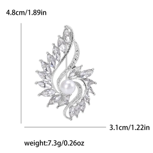 Elegant silver alloy crystal brooch with pearl centerpiece and marquise rhinestones