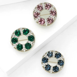 Elegant round crystal brooches in pink, green and blue with gold alloy and rhinestones