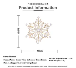 Detail view of snowflake zircon brooch with precise dimensions 36mm by 32mm