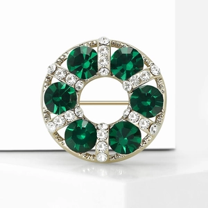 Elegant gold round brooch with green rhinestones and white crystals for scarves