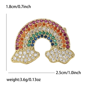 Rainbow brooch with colorful zircon stones and clouds in golden metal setting