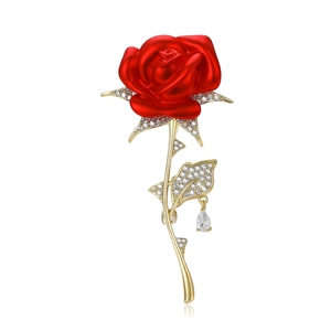 Broche de Fleur de Rose Élégante Française en Cuivre avec Strass Rouge Floral Pin pour Femmes Costume Manteau Bijoux