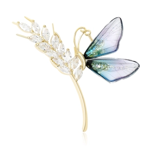 Elegant wheat and butterfly wing brooch with zircons and blue purple gradient finish
