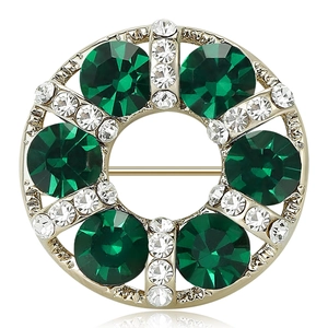 Elegant gold-plated circular brooch with green faceted crystals and sparkling rhinestones