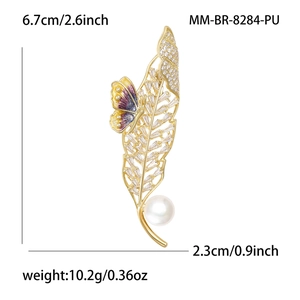 Broche élégante papillon et feuille avec zircon et perle, 6,7 cm x 2,3 cm
