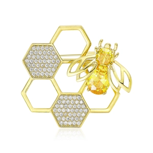 Fashionable Bee Honeycomb Brooch For Women Copper Rhinestone Anti-Exposure Pin Minimalist Insect Jewelry For Clothing Accessory