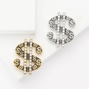 Creative Hip Hop Dollar Sign Brooch For Men Alloy Rhinestone Inlaid Money Symbol Suit Pin Fashion Jewelry Gift Gold Silver