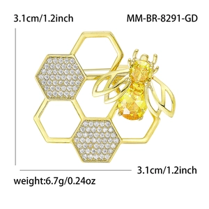Gold honeycomb bee brooch with white rhinestones and yellow gems, 3.1cm size