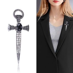 Vintage sword cross brooch in retro silver with black stone and pavé crystal detail