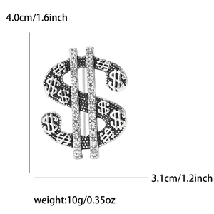 Detail showing dimensions of the vintage dollar sign brooch with rhinestones