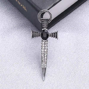 Retro punk sword brooch with black gemstone and crystals for men suit accessory