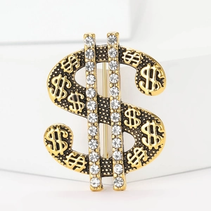 Vintage gold dollar sign brooch with crystals for suits, punk hip-hop style accessory
