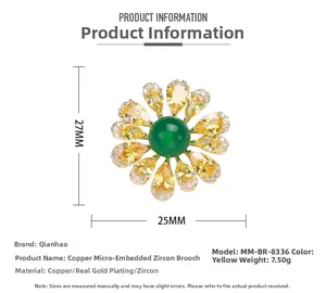 Detailed size specifications of the flower brooch with green gem and yellow zircon petals