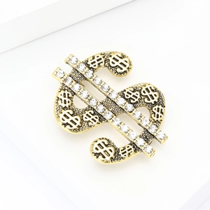 Retro punk gold dollar sign brooch with luxury crystal inlay for suits and coats