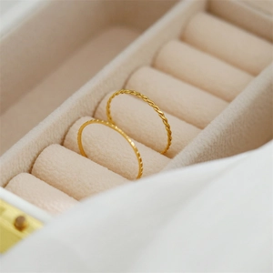 Minimalist 18K gold plated thin twist and beaded stacking ring set for women