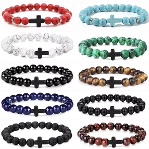 Natural Stone Beaded Bracelet With Cross Pendant Tiger Eye Obsidian Lava Stone Elastic Bracelet For Unisex Religious Jewelry