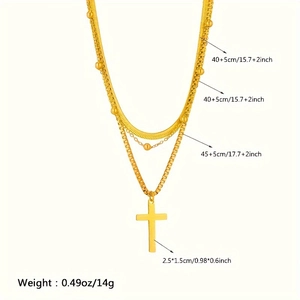Detailed layered necklace dimensions showing cross pendant and chain length specifications