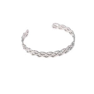 Silver woven stainless steel cuff bracelet with hollow interlaced geometric design