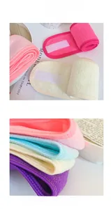 Detail of soft absorbent towel fabric headbands with adjustable hook and loop closure